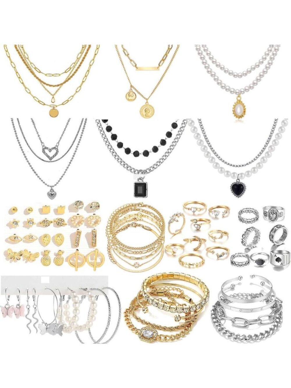 73 Pcs Gold Jewelry Set - Layered Necklaces, Anklets, Earrings & Rings for Women